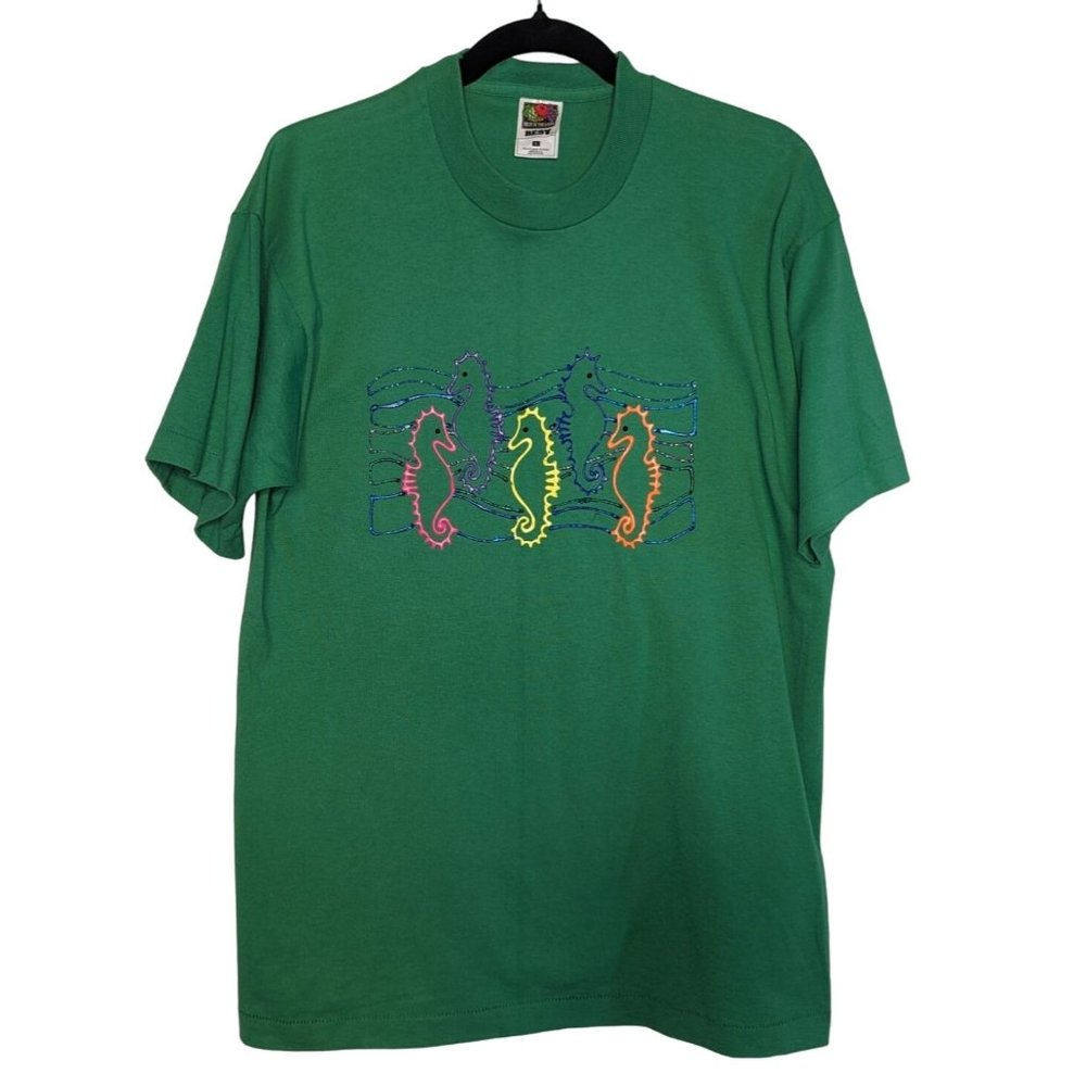Fruit of the Loom BEST Vintage green Tshirt with multicolored Sea Horses Paintin